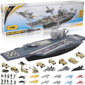 33-Inch Aircraft Carrier Mega Playset – Ultimate Military Battle Set for Boys with Realistic Battleship, Fighter Jets, Toy Soldier Figures, Military Vehicles for Kids Imaginary Pretend Play
