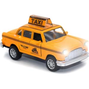 Diecast Yellow NYC Classic Checkered Taxi Cab 4.5″ Pullback Toy Car with Flashing Lights and Sounds(1/43 Scale)
