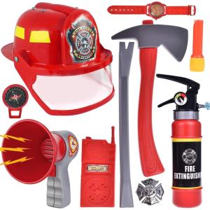 Liberty Imports 10 PCs Fireman Gear Firefighter Costume Role Play Career Dress Up Starter Toy Accessories Pretend Play Set with Helmet, Tools for Kids, Toddlers