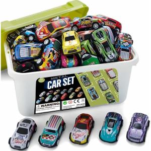 Liberty Imports 50-Pack Pull Back Cars for Kids, 1:64 Scale Mini Car Toys Bulk Metal Race Vehicles in Storage Bucket – Party Favors Goodie Bag Stuffers Classroom Prizes for Boys Girls Toddlers