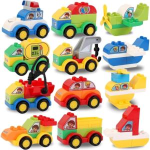 Liberty Imports 70 Pcs Toddlers Car Big Building Blocks Set, 12Pcs Different Vehicles, Kids Build Your Own Toy Cars, Compatible with Major Brands