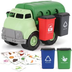 Liberty Imports Big Plastic Garbage Truck Toy, Waste Management Recycling Green Dump Vehicle with 4 Trash Cans and Recycle Sorting Cards for Little Kids, Toddlers