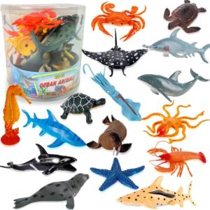 Liberty Imports Bucket of Ocean Sea Animals Toys – 16 PCS Large Underwater Deep Sea Creaures, Realistic Soft Plastic Marine Educational Toy Figures Playset for Toddlers, Kids