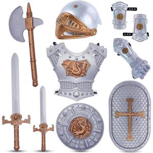 Medieval Knight in Shining Armor, Kids Crusader Pretend Role Play Plastic Costume Dress Up Cosplay with Toy Swords, Axe, Shield, Weapons & Accessories Playset