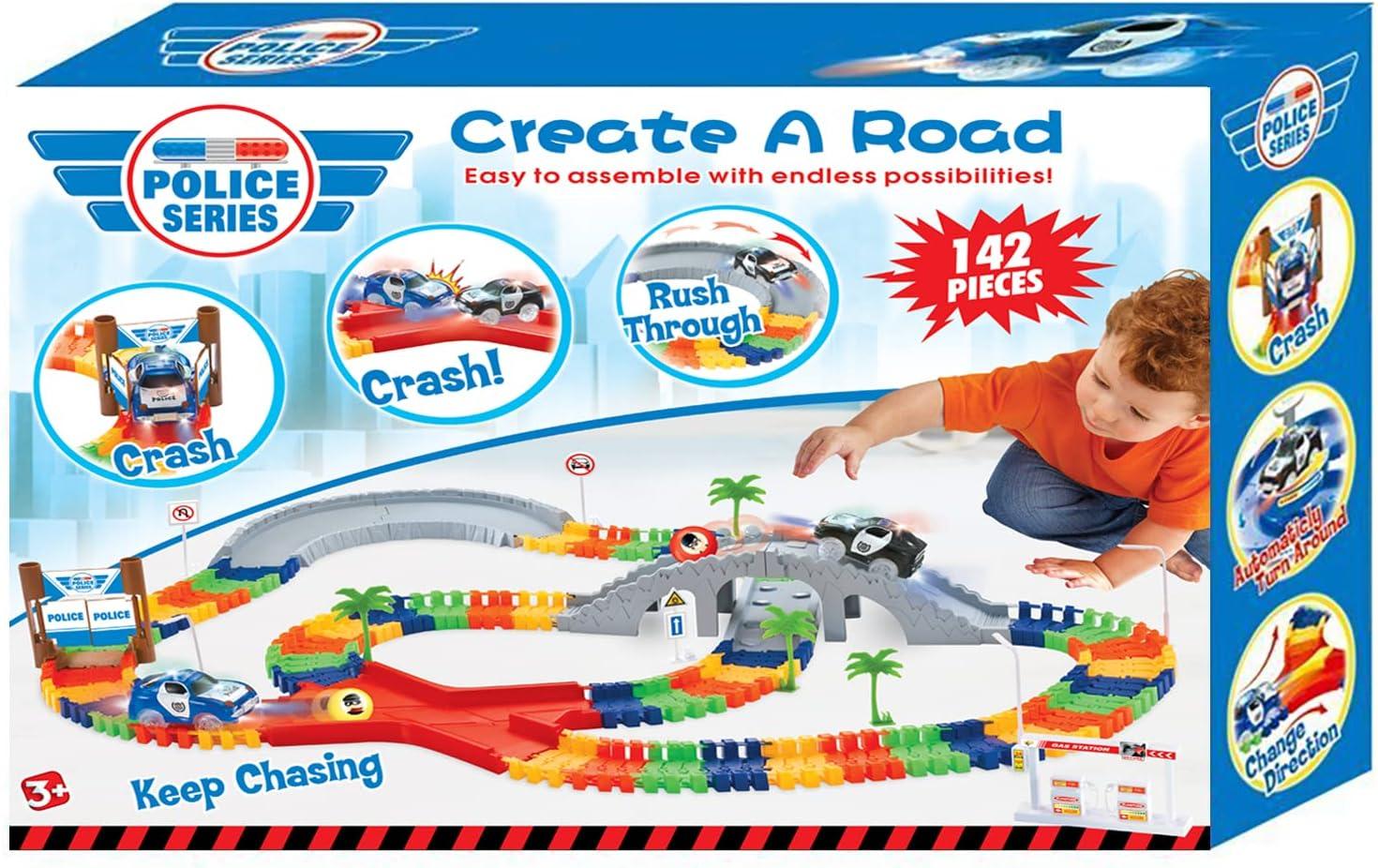 image142 Pieces Police Patrol Chase Create a Road Super Snap Speedway  Magic Journey Flexible Track Set with LED Light Up Toy Cars