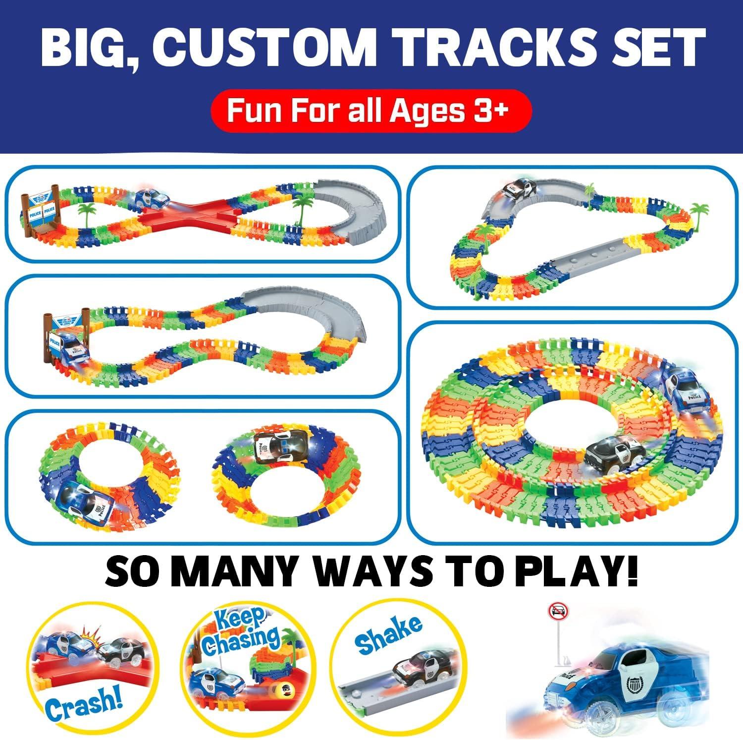 image142 Pieces Police Patrol Chase Create a Road Super Snap Speedway  Magic Journey Flexible Track Set with LED Light Up Toy Cars