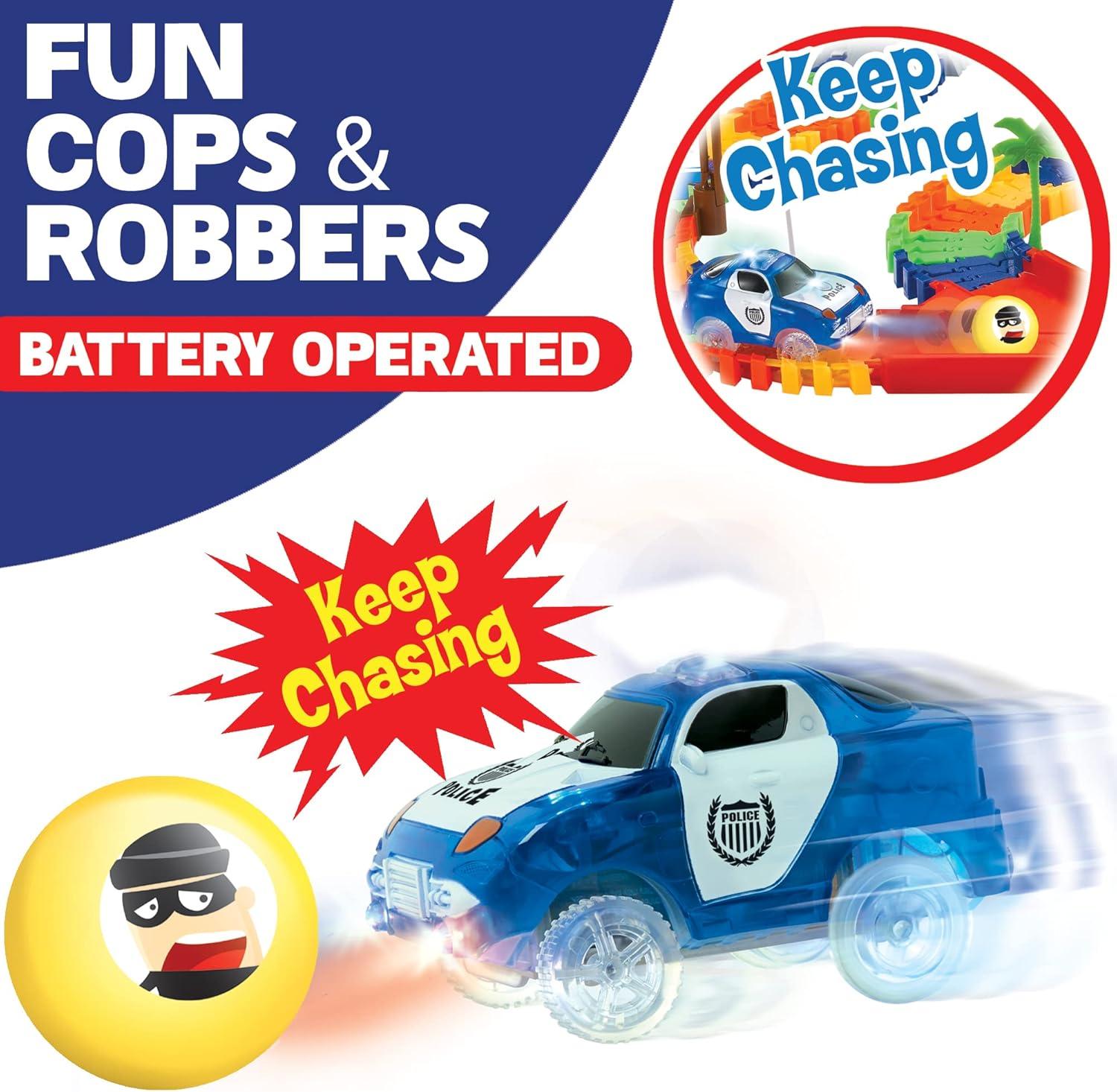 image142 Pieces Police Patrol Chase Create a Road Super Snap Speedway  Magic Journey Flexible Track Set with LED Light Up Toy Cars