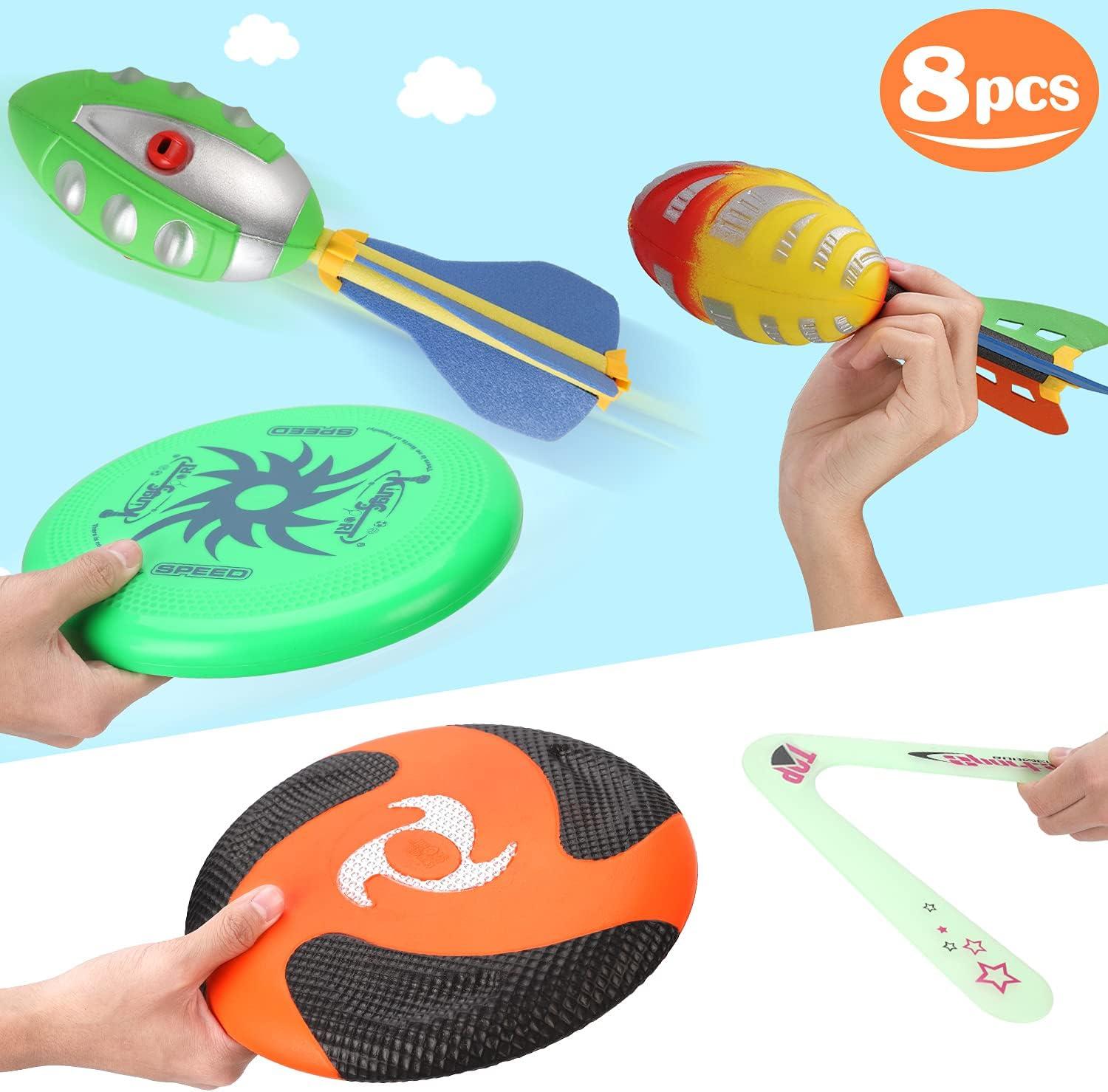 image8in1 Sports Combo Play Set  Ultimate Outdoor Family Backyard Games with Foam Football Flying Discs Aero Rings Boomerang Whistling Missiles  Throw ampamp Catch Fun Activities for Kids