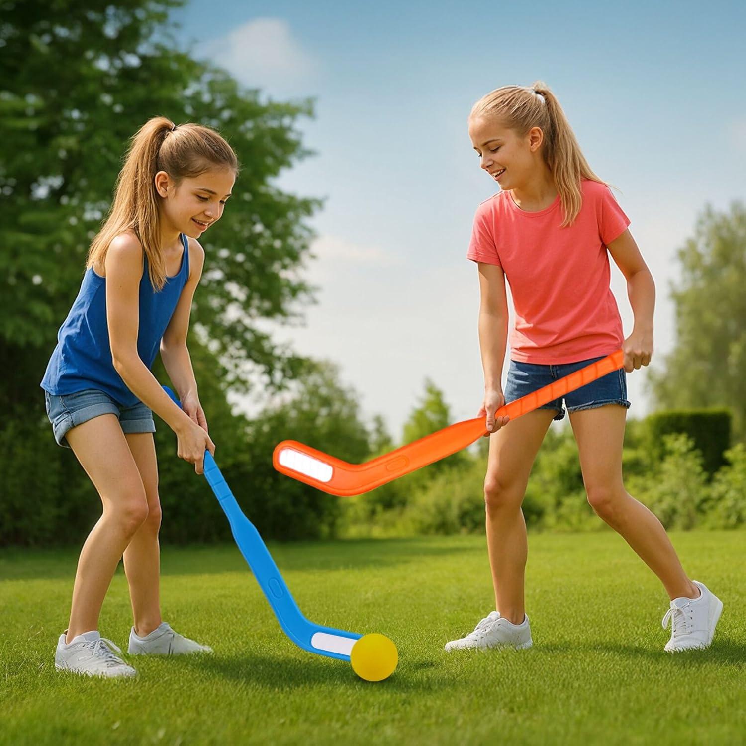 imageKids Floor Hockey Stick Set  29quot Youth Indoor Outdoor Toys Sports Starter Set with Plastic Puck and Ball for Toddlers Children Ages 37 2 Pack2 Pack