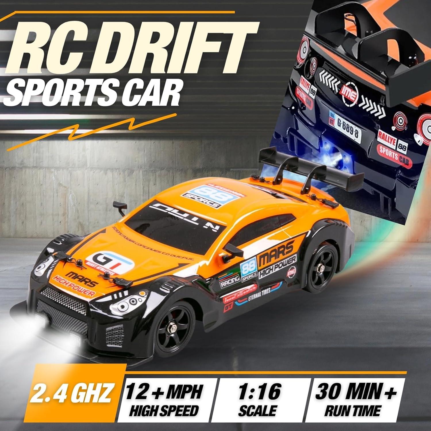 imageLiberty Imports RC Drift Car 116 24GHz 4WD Remote Control Sport Racing OnRoad Vehicle with LED Light Batteries and Drift Tires RedOrange