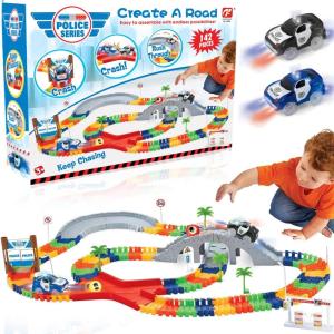 142 Pieces Police Patrol Chase Create a Road Super Snap Speedway – Magic Journey Flexible Track Set with LED Light Up Toy Cars