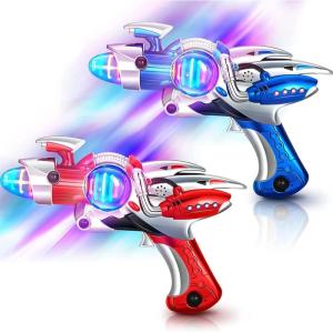 2 Pack Electric Toy Space Guns, Red & Blue Space Ranger Blaster Pistols for Kids Pretend Play with Flashing LED Lights and Blasting Laser FX Sound Effects