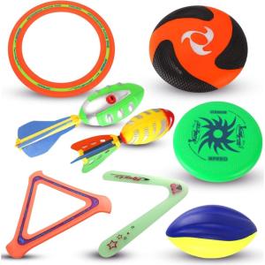 8-in-1 Sports Combo Play Set – Ultimate Outdoor Family Backyard Games with Foam Football, Flying Discs, Aero Rings, Boomerang, Whistling Missiles – Throw & Catch Fun Activities for Kids
