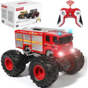 Remote Control Monster Truck – 1:18 Scale RC Fire Truck, 2.4GHz Big Wheel School Bus With Lights, Sounds, Rechargeable Electric Toy Stunt Jam Car for Kids, Boys, Girls(Fire Truck)
