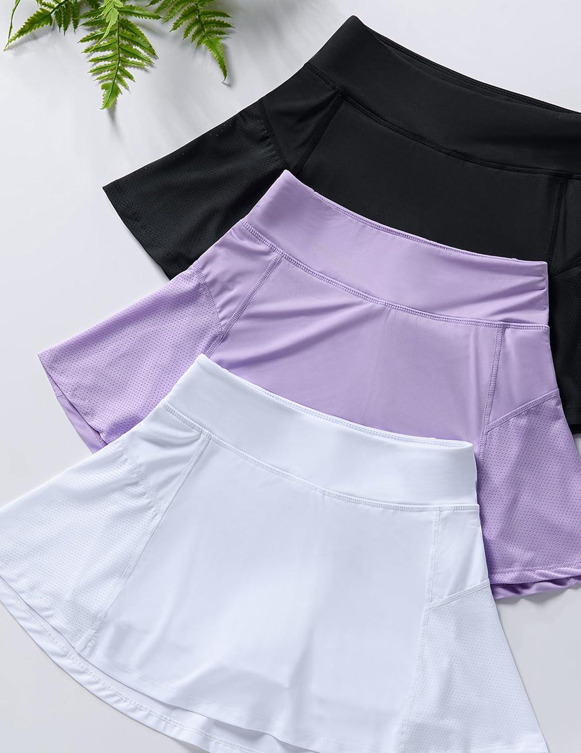 image3 Pack Girls Athletic Skirts with Builtin Shorts and Adjustable Waist Youth Kids Skorts Tennis Golf RunningBlackWhiteLavender