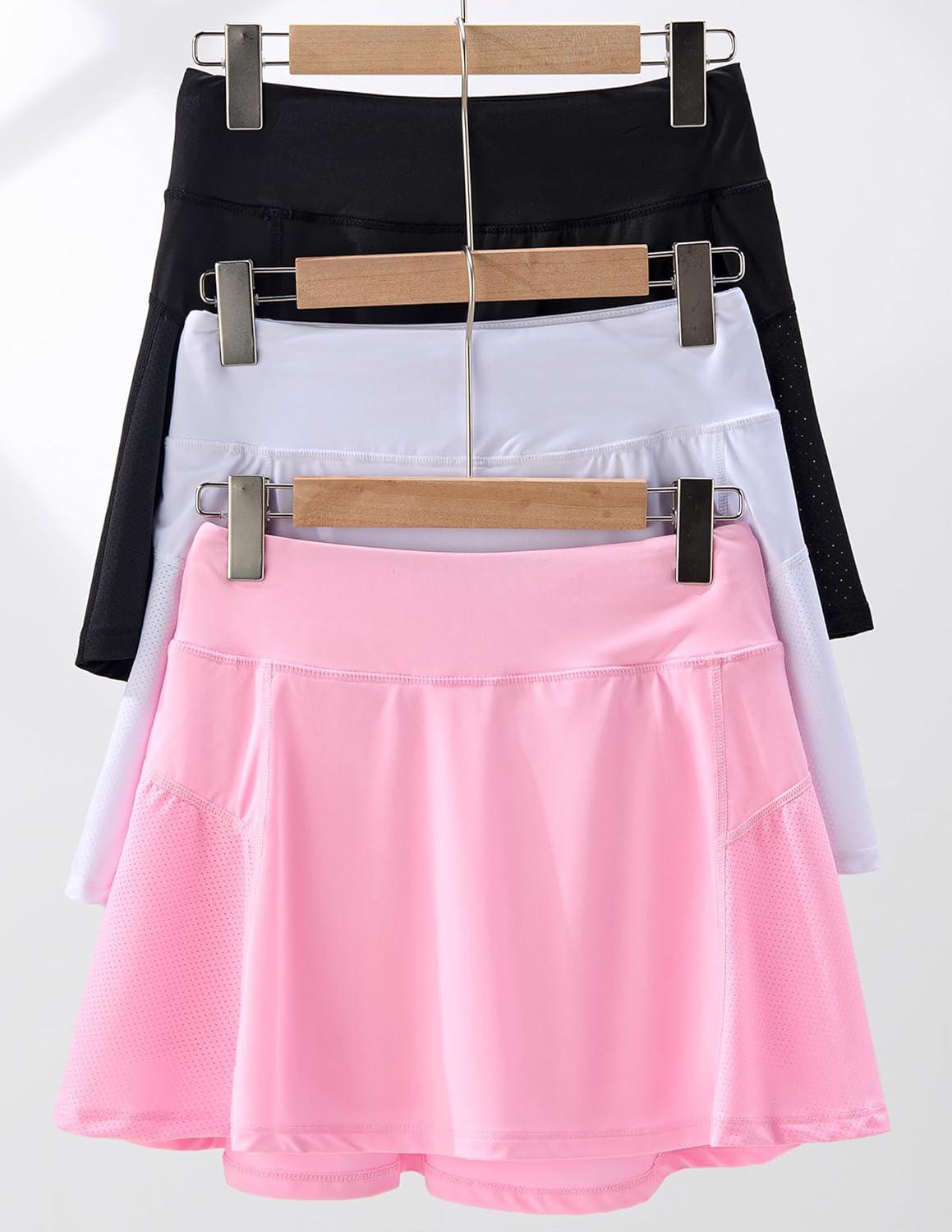 image3 Pack Girls Athletic Skirts with Builtin Shorts and Adjustable Waist Youth Kids Skorts Tennis Golf RunningBlackWhitePink