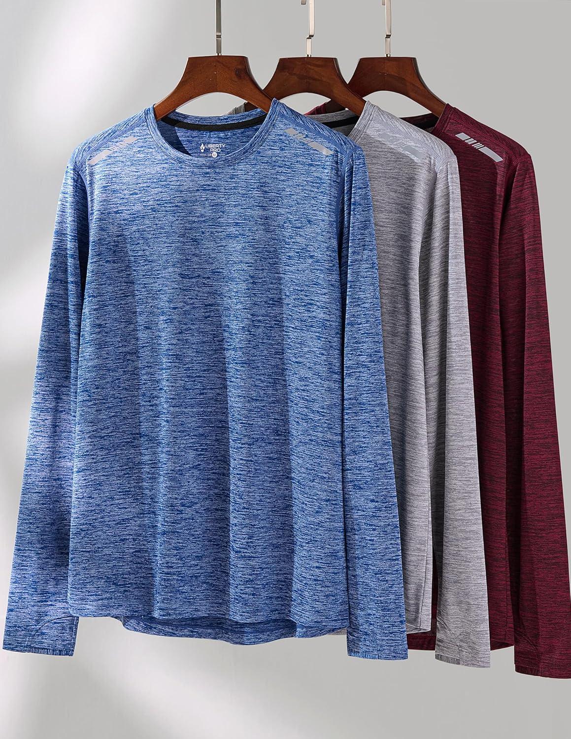 image3 Pack Mens Dry Fit Long Sleeve T Shirts Lightweight Athletic Performance Tops with Thumb Holes HikingHeather Light GrayBlueMaroon