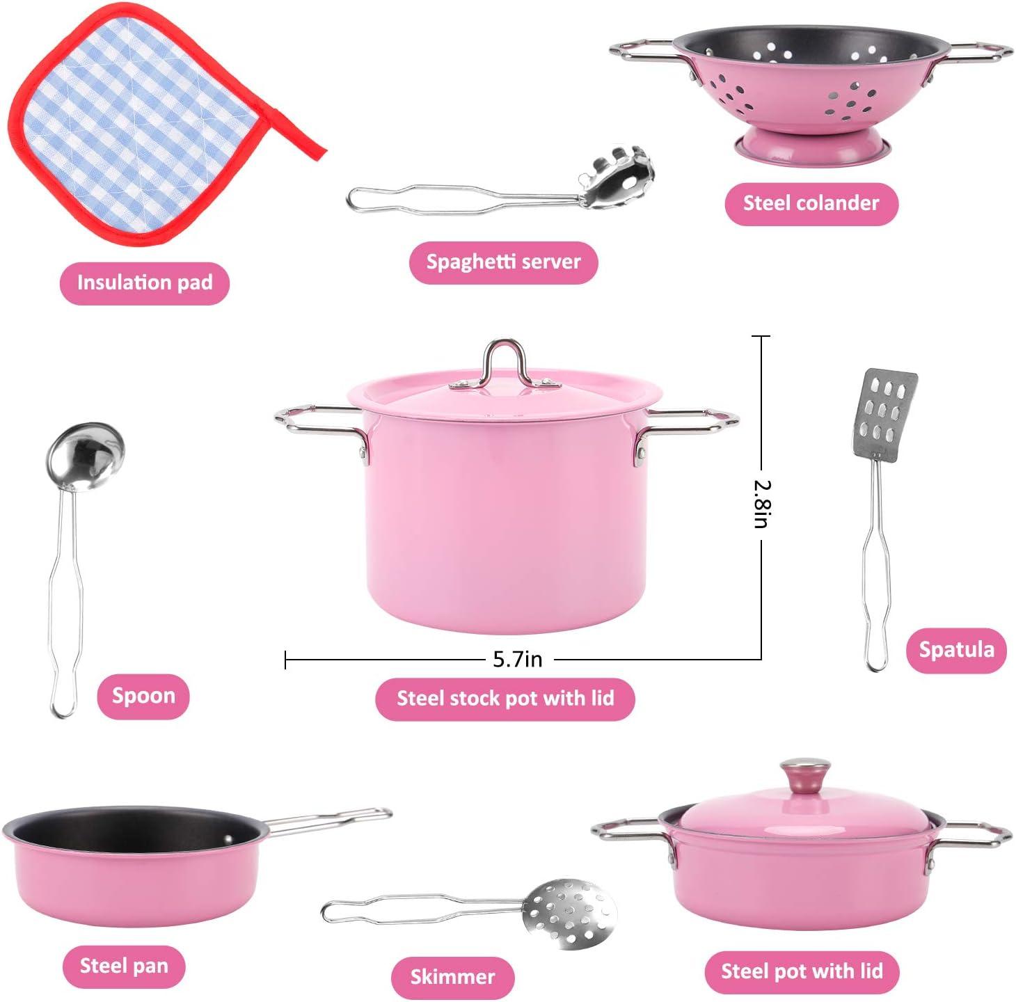 imageKids Play Kitchen Toys Pretend Cooking Pink Stainless Steel Pots and Pans Metal Kitchen Set with Utensils 11 Pieces