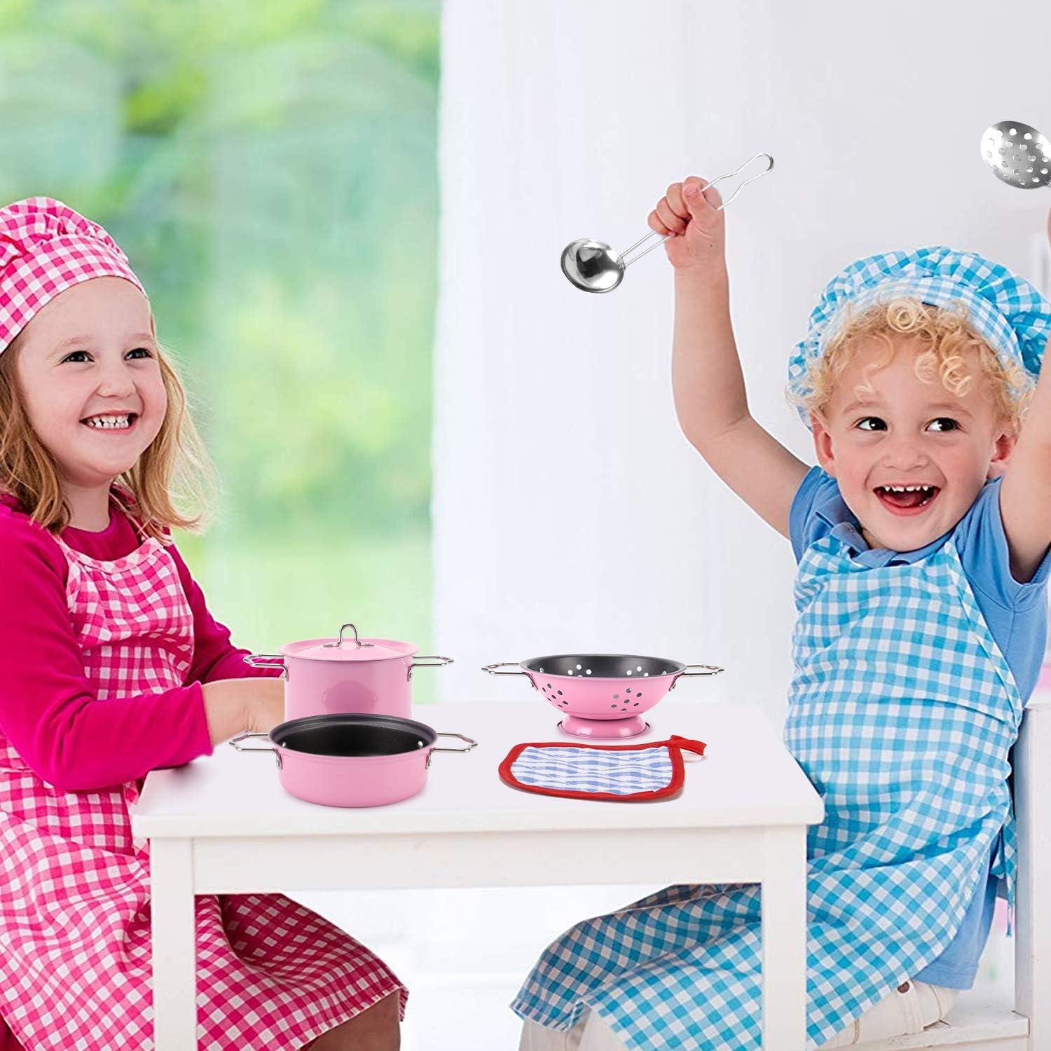 imageKids Play Kitchen Toys Pretend Cooking Pink Stainless Steel Pots and Pans Metal Kitchen Set with Utensils 11 Pieces