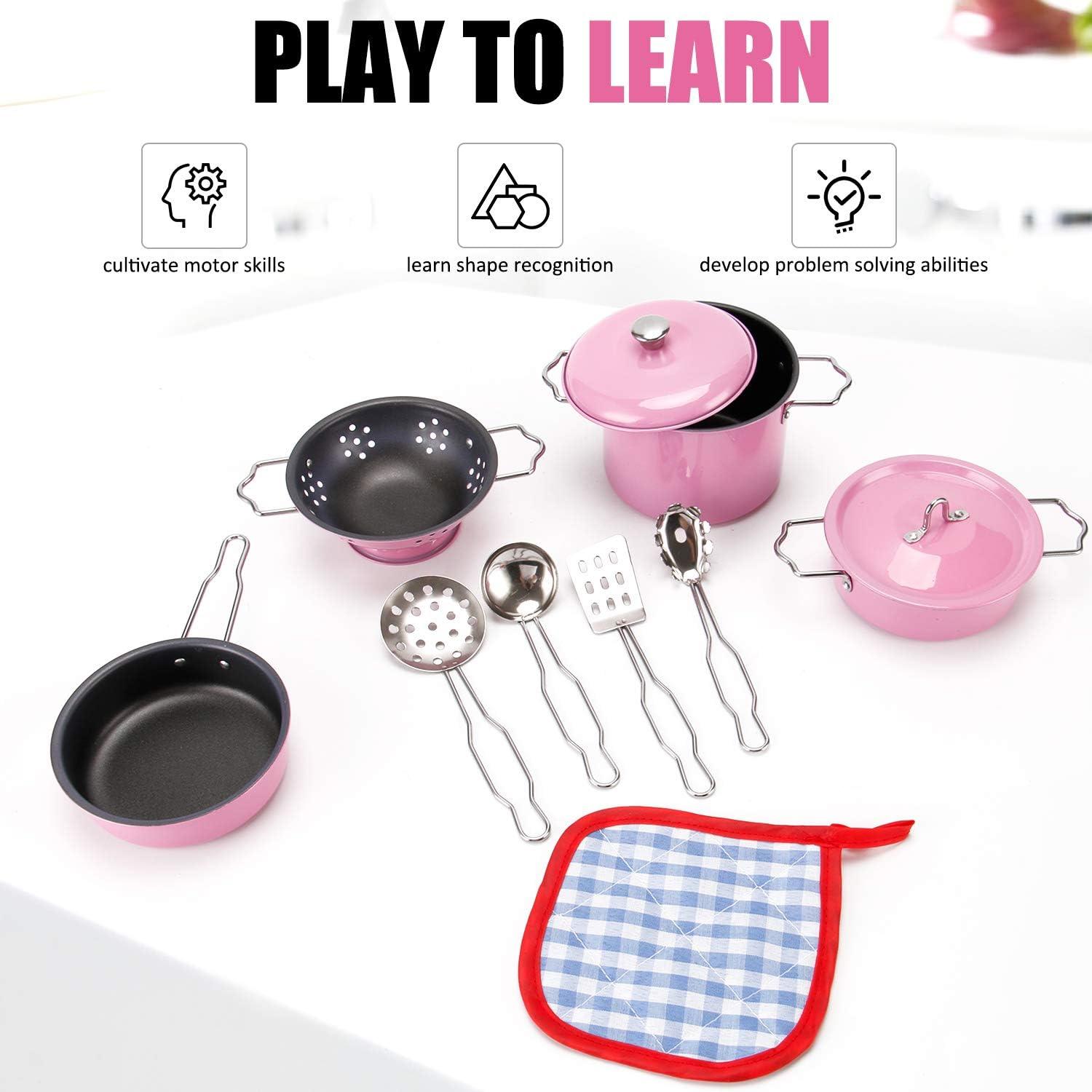 imageKids Play Kitchen Toys Pretend Cooking Pink Stainless Steel Pots and Pans Metal Kitchen Set with Utensils 11 Pieces
