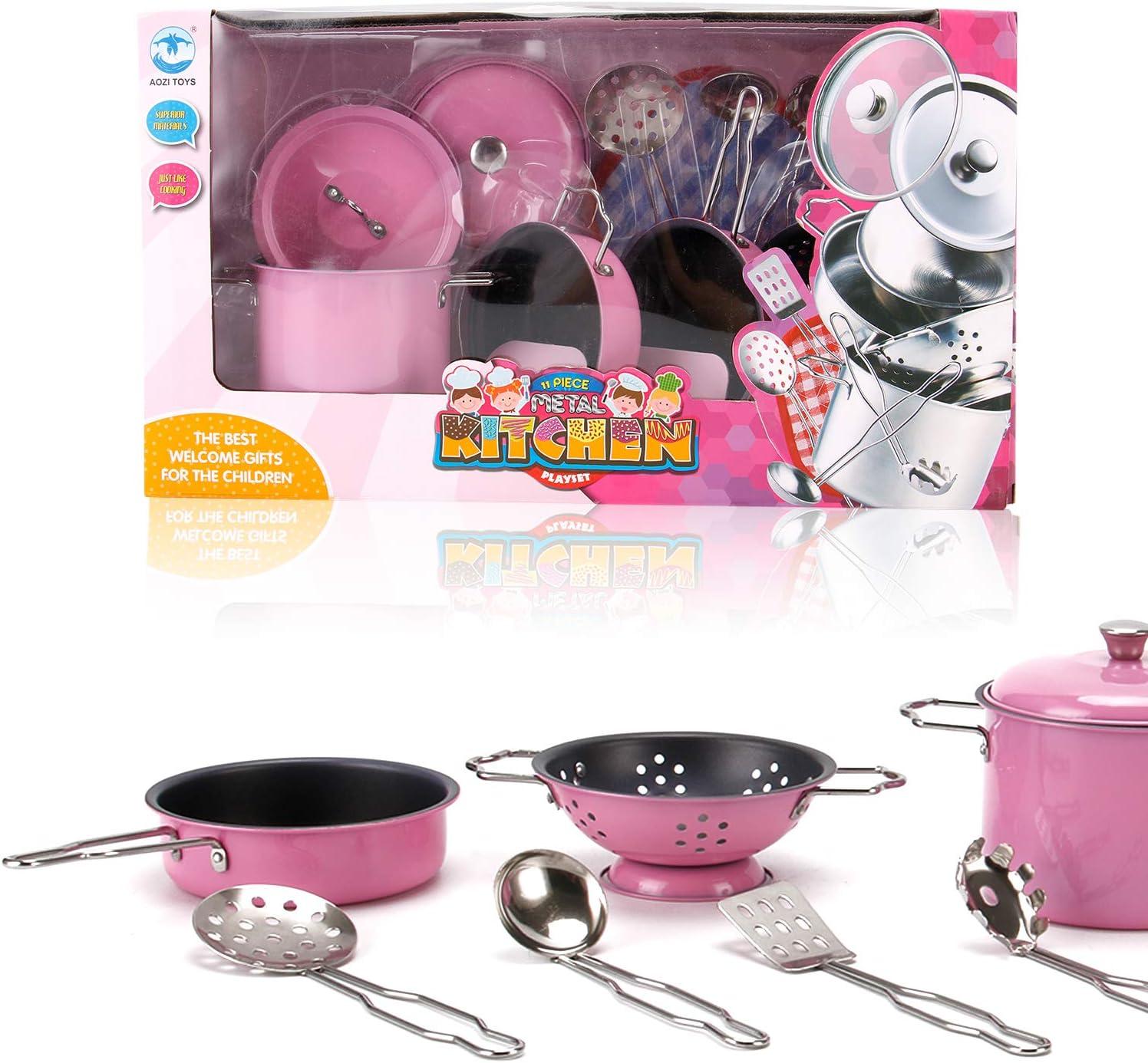 imageKids Play Kitchen Toys Pretend Cooking Pink Stainless Steel Pots and Pans Metal Kitchen Set with Utensils 11 Pieces