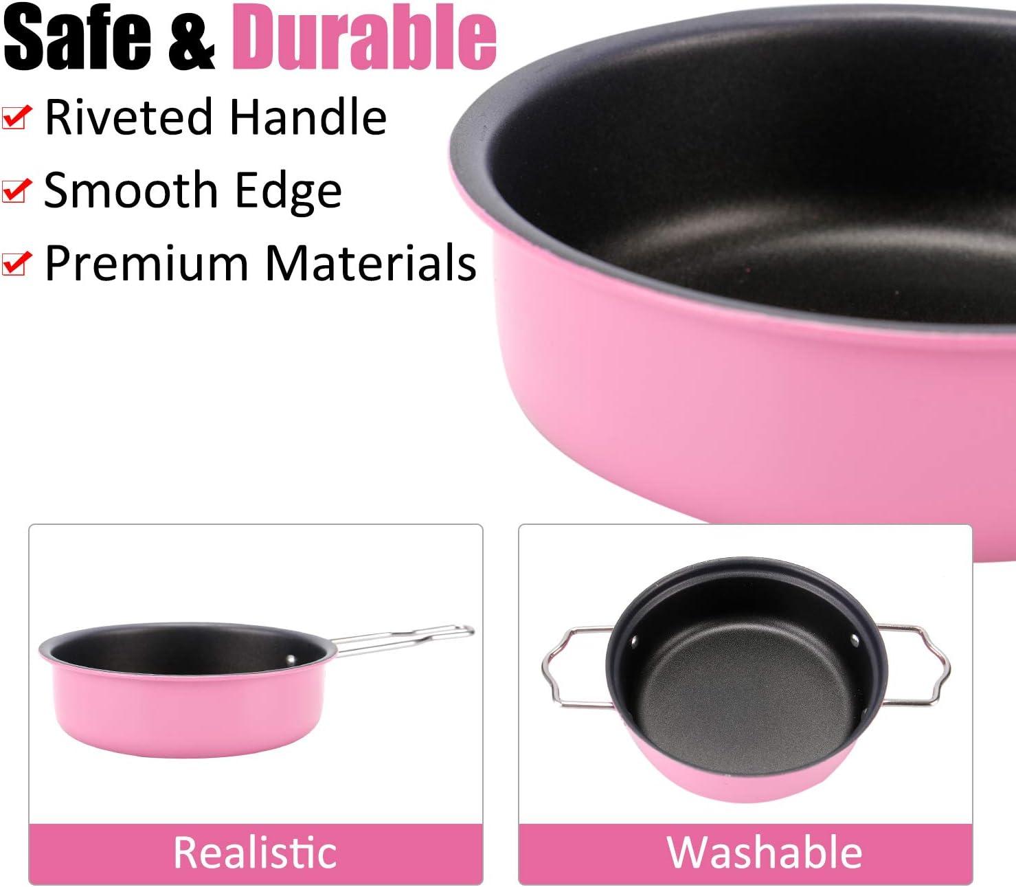 imageKids Play Kitchen Toys Pretend Cooking Pink Stainless Steel Pots and Pans Metal Kitchen Set with Utensils 11 Pieces