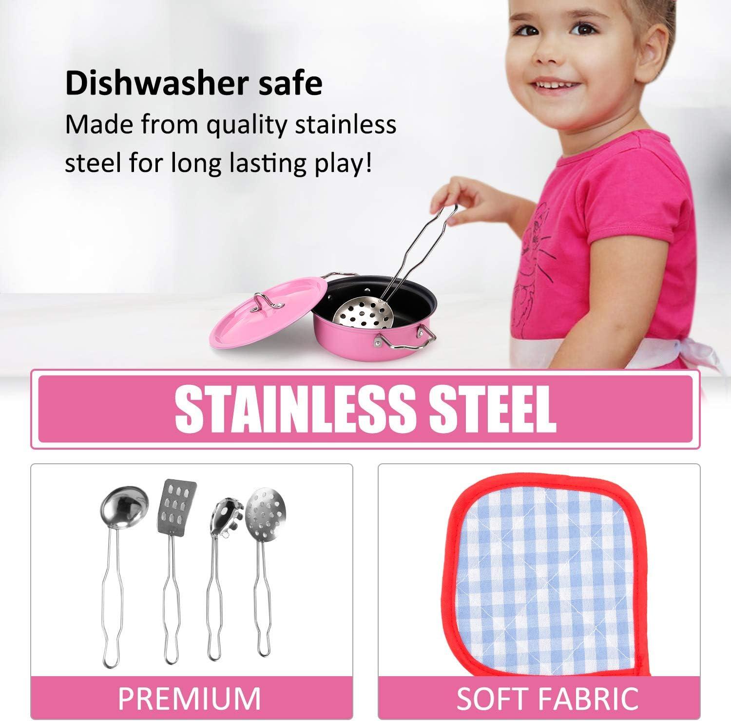 imageKids Play Kitchen Toys Pretend Cooking Pink Stainless Steel Pots and Pans Metal Kitchen Set with Utensils 11 Pieces