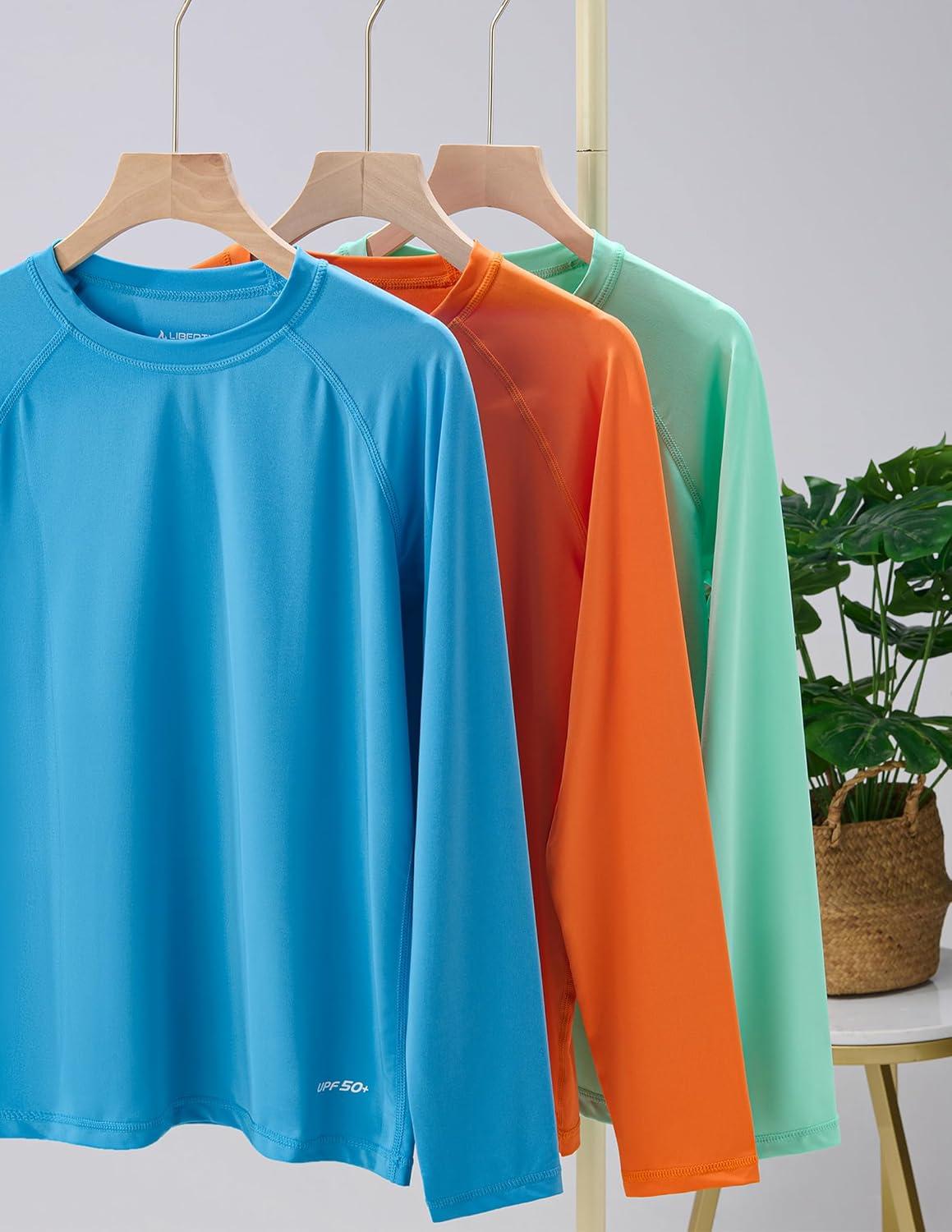 imageLiberty Pro 3 Pack Boys UPF 50 Rash Guard Long Sleeve Swim Shirts Quick Dry UV Protection Swimwear for KidsLight GreenTangerineBright Blue