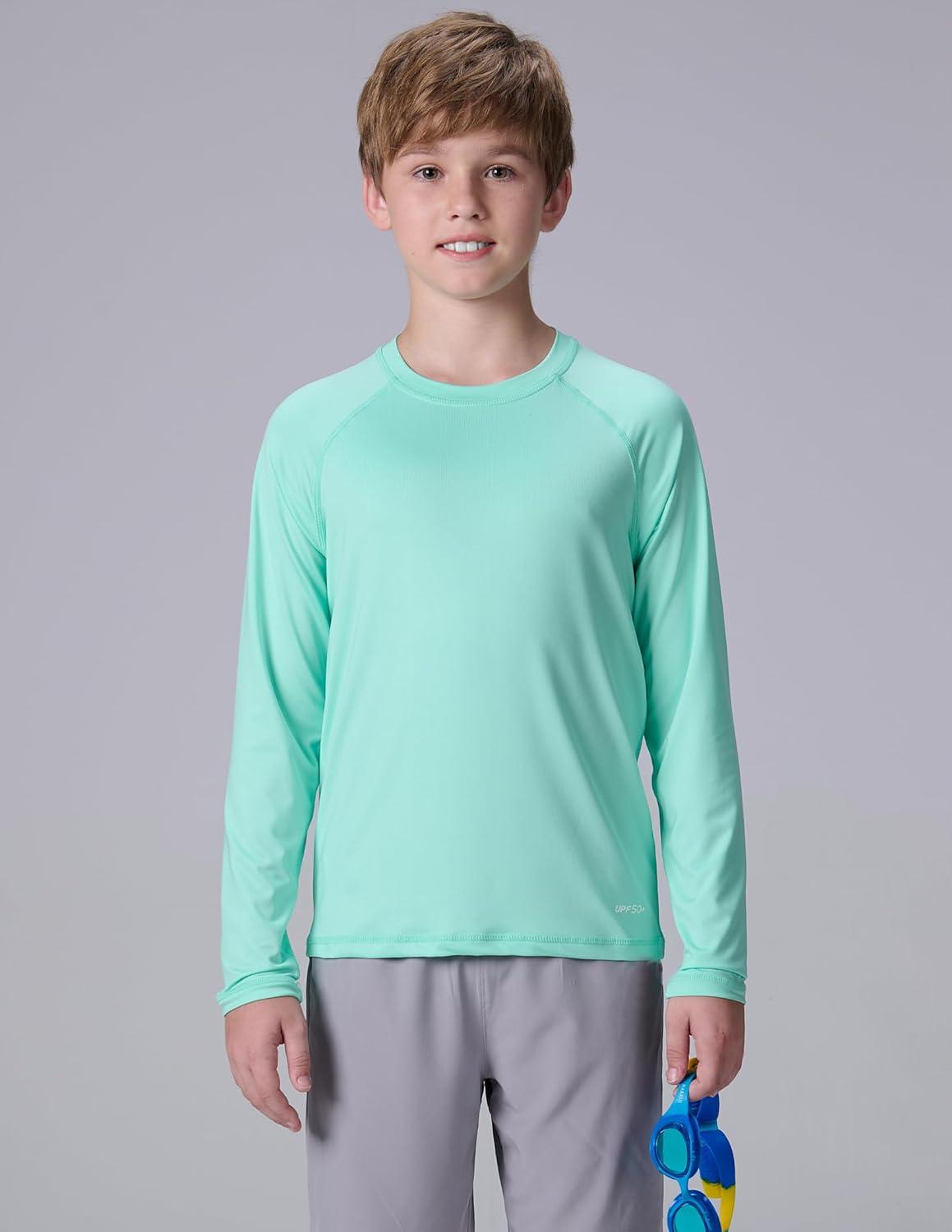 imageLiberty Pro 3 Pack Boys UPF 50 Rash Guard Long Sleeve Swim Shirts Quick Dry UV Protection Swimwear for KidsLight GreenTangerineBright Blue