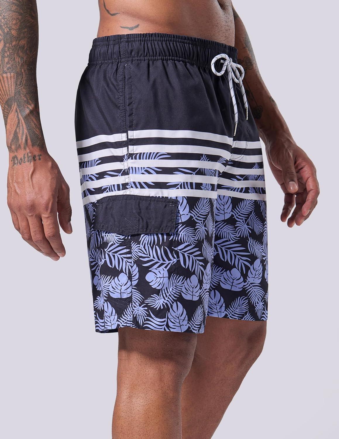 imageMens 9quot Quick Dry Swim Trunks with Mesh Lining and Cargo Pockets Beach Shorts Bathing SuitsBeach Sunset Monochrome Leaf