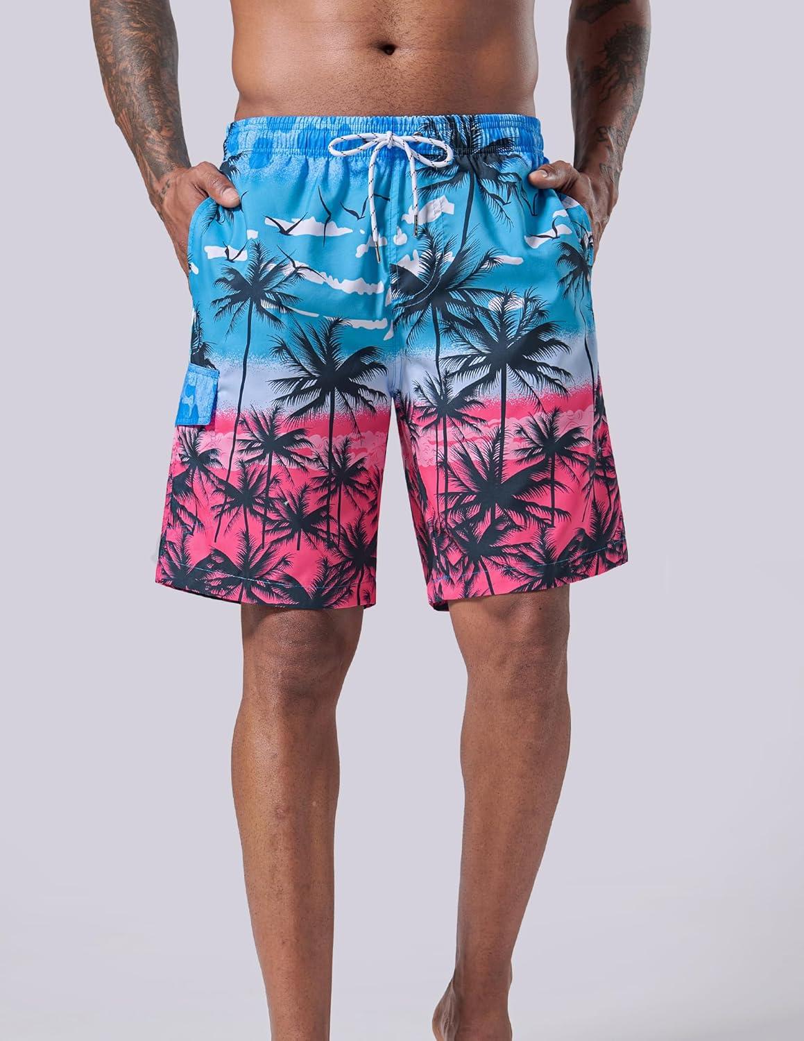 imageMens 9quot Quick Dry Swim Trunks with Mesh Lining and Cargo Pockets Beach Shorts Bathing SuitsBeach Sunset Monochrome Leaf