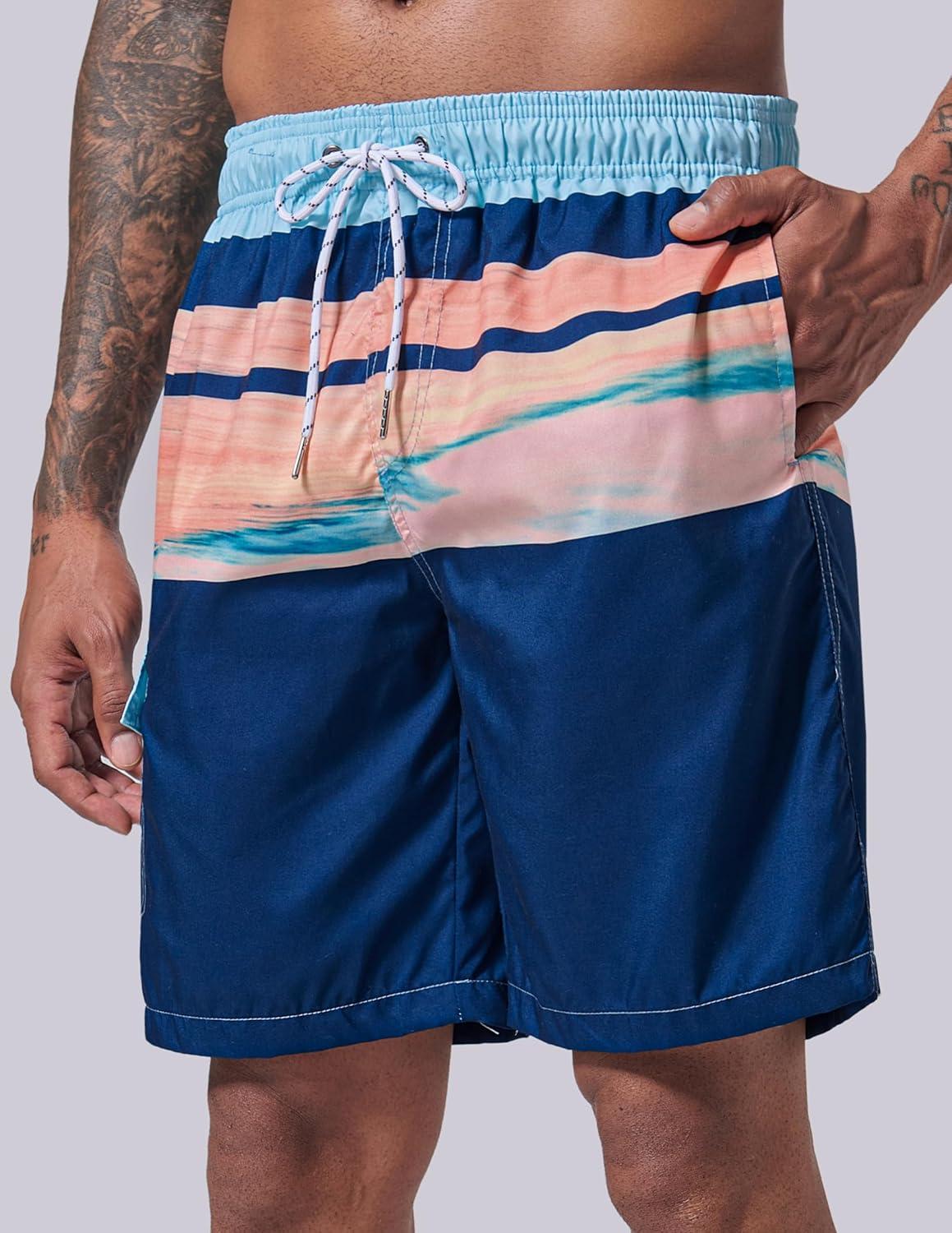 imageMens 9quot Quick Dry Swim Trunks with Mesh Lining and Cargo Pockets Beach Shorts Bathing SuitsPalm Haze Horizon Stripes