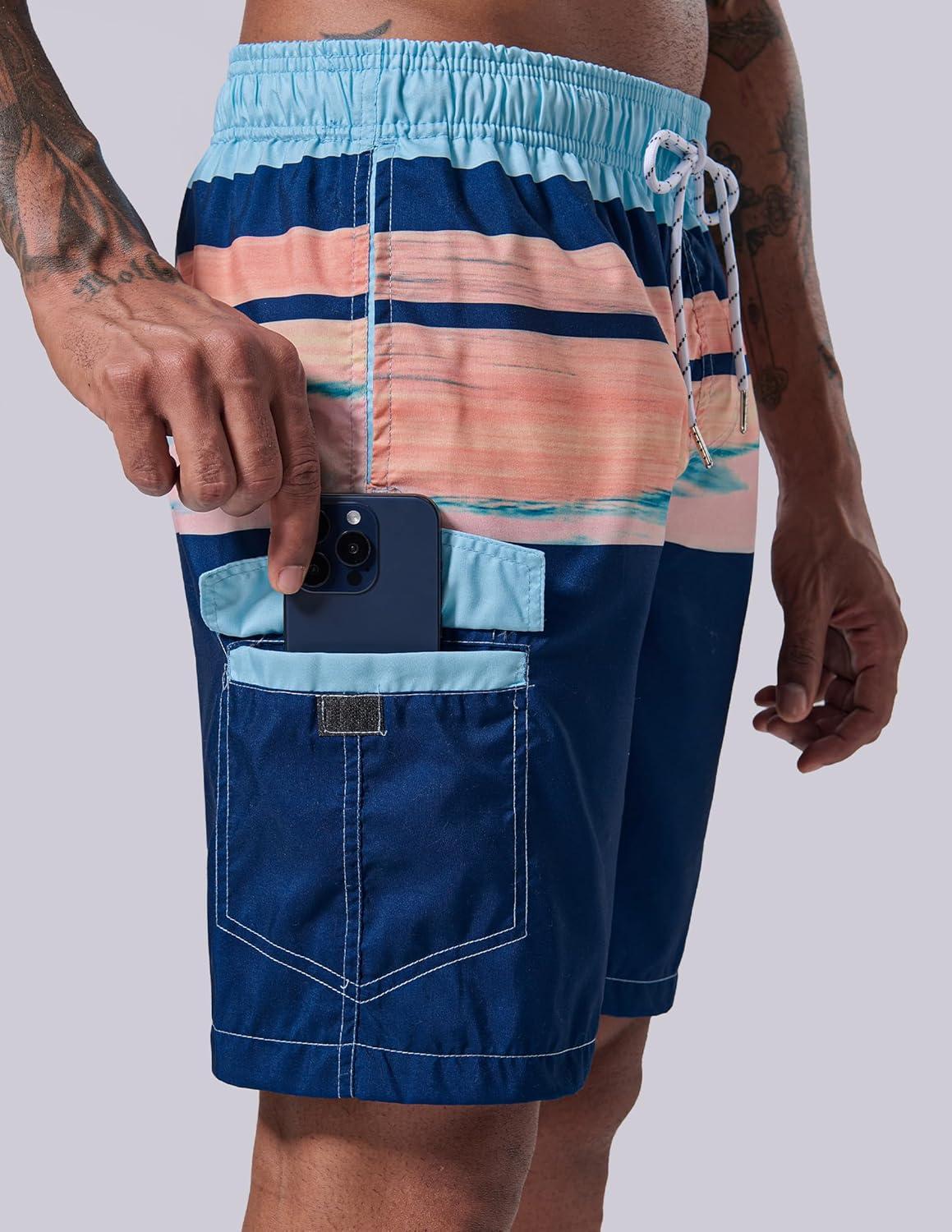 imageMens 9quot Quick Dry Swim Trunks with Mesh Lining and Cargo Pockets Beach Shorts Bathing SuitsPalm Haze Horizon Stripes