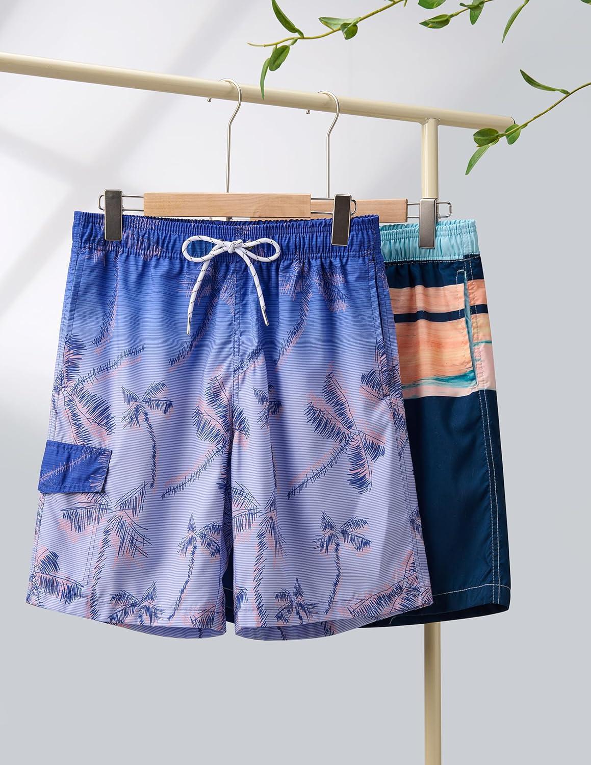 imageMens 9quot Quick Dry Swim Trunks with Mesh Lining and Cargo Pockets Beach Shorts Bathing SuitsPalm Haze Horizon Stripes