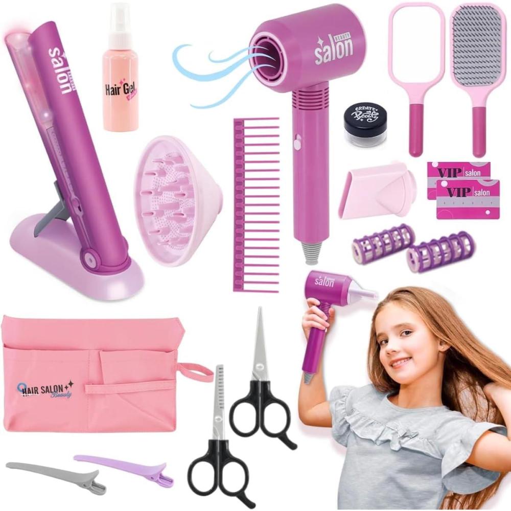 image18 PCS Girls Beauty Hair Salon Toy Kit with Hairdryer Straightener ampamp Styling Accessories Fashion Pretend Play Doll Stylist Set for Kids and Toddlers