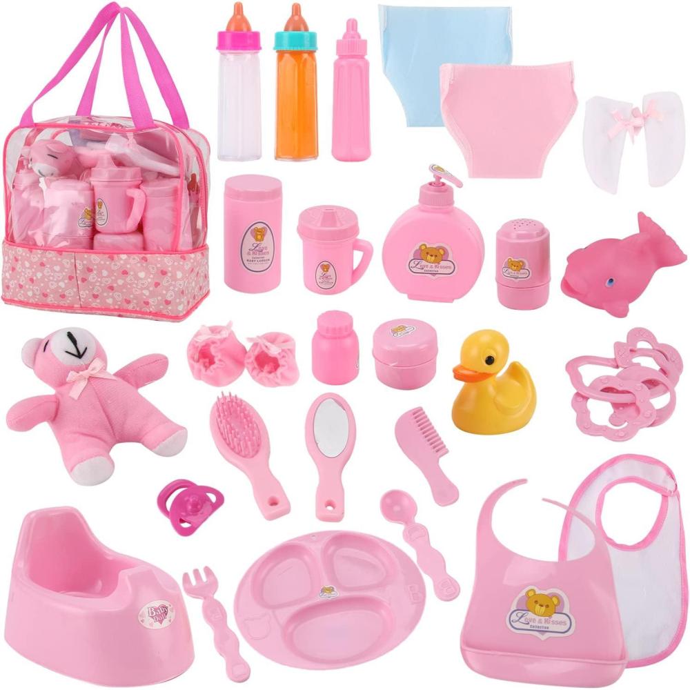 image28 PCS Baby Doll Accessories Complete Car Set Doll Feeding Pretend Playset for Kids Girls with Magic Milk Bottles in a Storage Bag