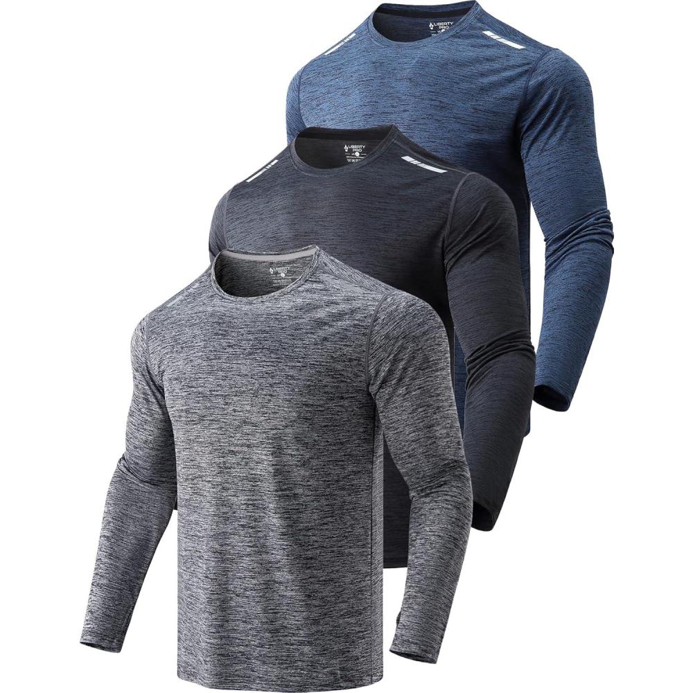 image3 Pack Mens Dry Fit Long Sleeve T Shirts Lightweight Athletic Performance Tops with Thumb Holes HikingHeather NavyBlackDark Grey