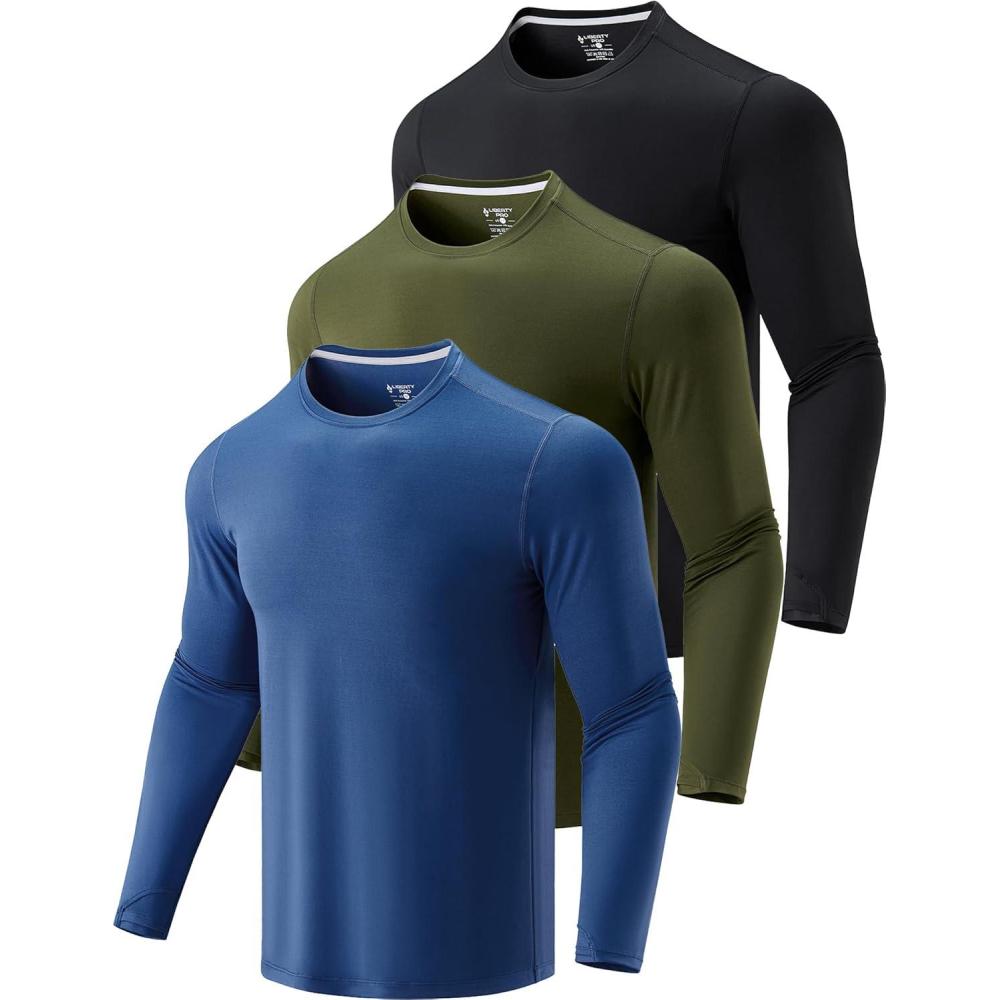image3 Pack Mens Dry Fit Long Sleeve T Shirts Lightweight Athletic Performance Tops with Thumb Holes HikingOliveBlackSteel Blue