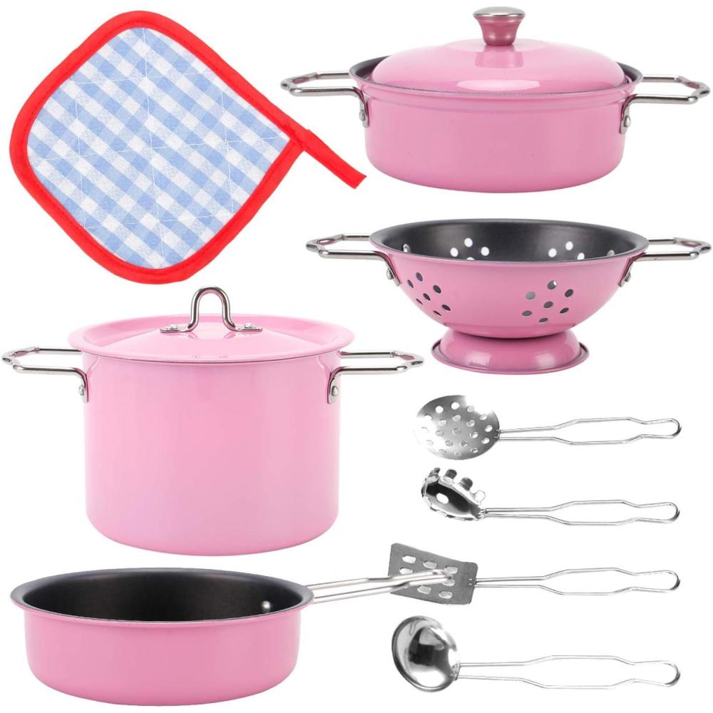 imageKids Play Kitchen Toys Pretend Cooking Pink Stainless Steel Pots and Pans Metal Kitchen Set with Utensils 11 Pieces