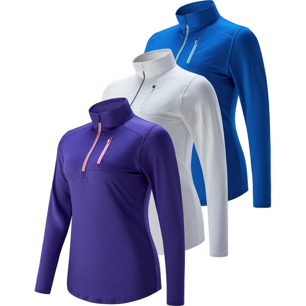 imageLiberty Imports 3 Pack Womens Quick Dry Long Sleeve Quarter Zip Pullover Workout Shirts with Thumb Holes and PocketBlueWhitePurple