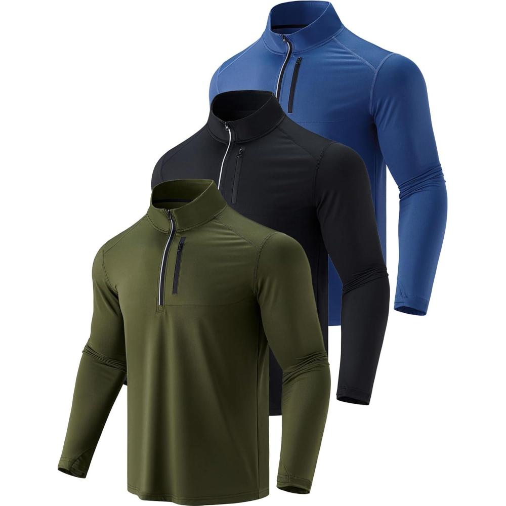 imageLiberty Imports 3Pack Mens QuarterZip Pullover Lightweight Long Sleeve Athletic Jackets Performance Workout Running ShirtsOliveBlackSteel Blue