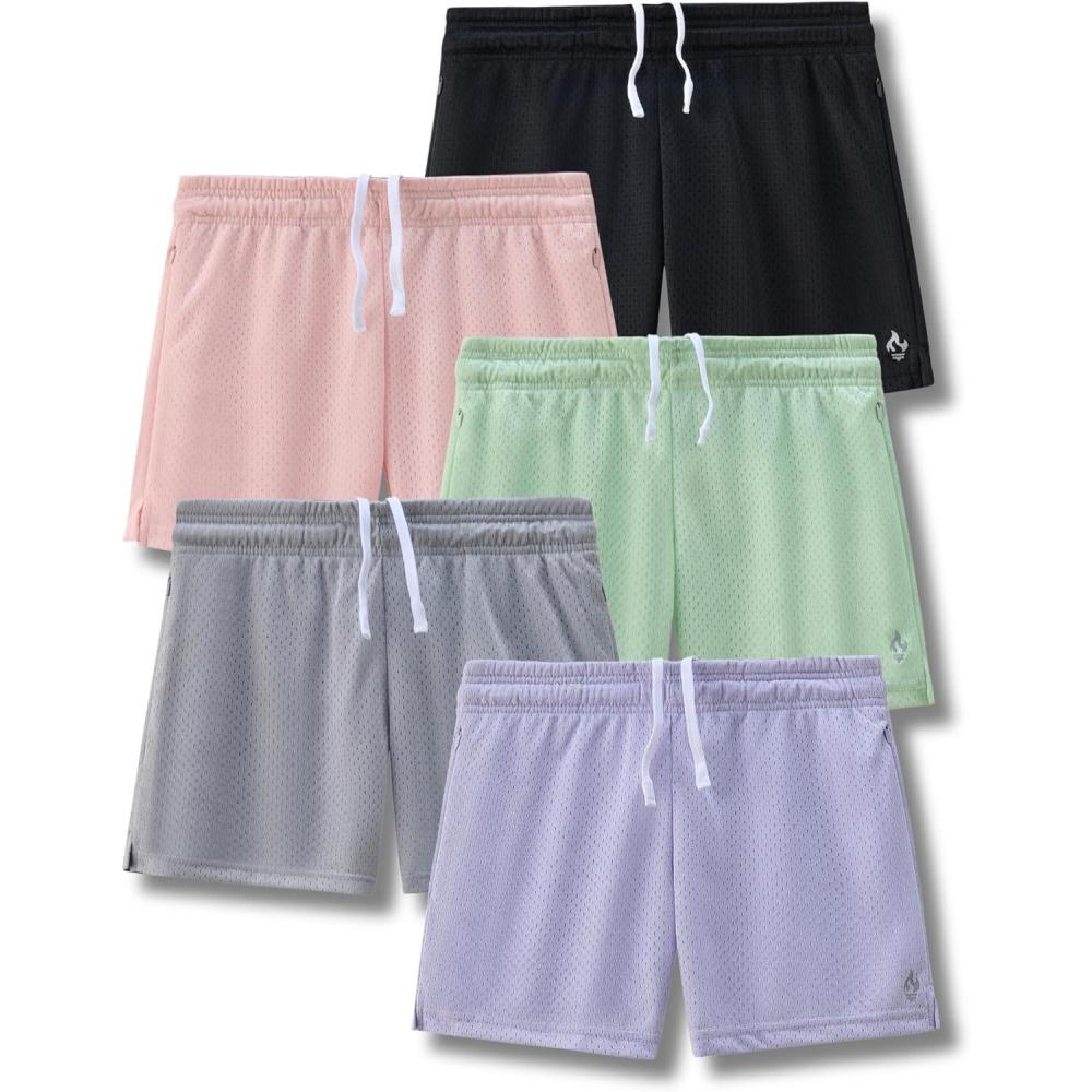 imageLiberty Imports 5Pack Womens Athletic Mesh Shorts 5quot Inseam Ladies Loose PullOn Shorts with Zipper PocketsBlackPinkGrayGreenLilac