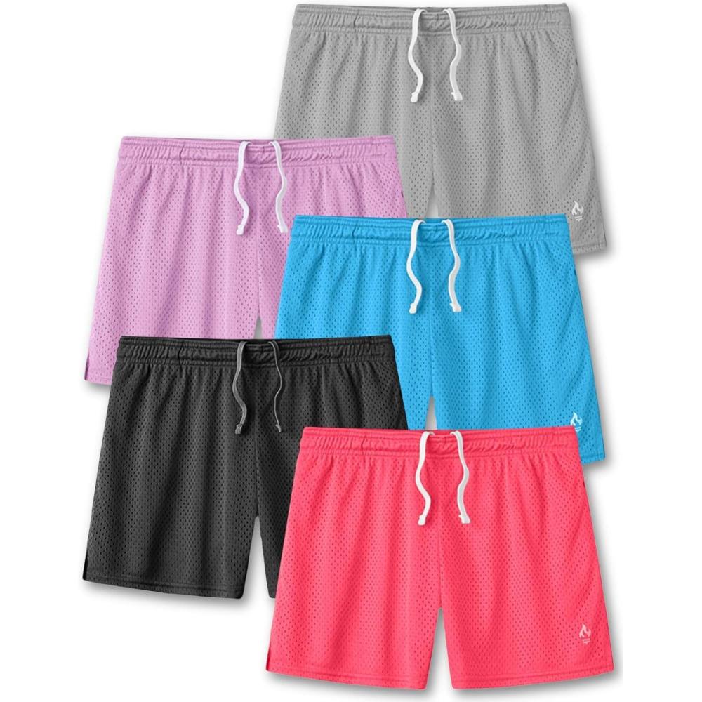 imageLiberty Imports 5Pack Womens Athletic Mesh Shorts 5quot Inseam Ladies Loose PullOn Shorts with Zipper PocketsGrayBlackHot PinkBaby BlueLight Purple