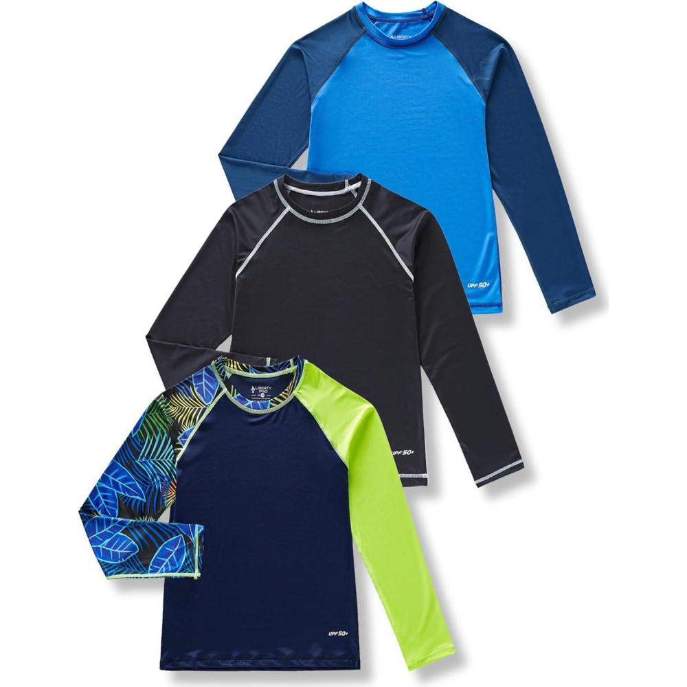 imageLiberty Pro 3 Pack Boys UPF 50 Rash Guard Long Sleeve Swim Shirts Quick Dry UV Protection Swimwear for KidsBlueNavyBlack