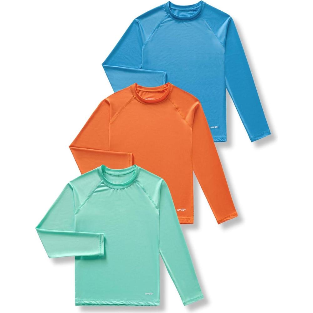 imageLiberty Pro 3 Pack Boys UPF 50 Rash Guard Long Sleeve Swim Shirts Quick Dry UV Protection Swimwear for KidsLight GreenTangerineBright Blue