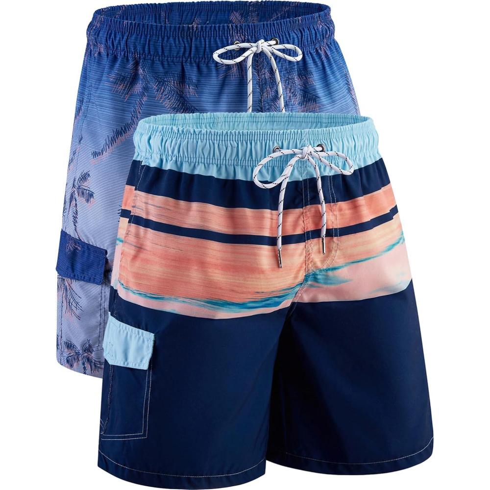 imageMens 9quot Quick Dry Swim Trunks with Mesh Lining and Cargo Pockets Beach Shorts Bathing SuitsPalm Haze  Horizon Stripes