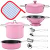 imageKids Play Kitchen Toys Pretend Cooking Pink Stainless Steel Pots and Pans Metal Kitchen Set with Utensils 11 Pieces