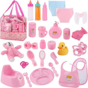 28 PCS Baby Doll Accessories Complete Car Set – Doll Feeding Pretend Playset for Kids, Girls with Magic Milk Bottles in a Storage Bag
