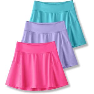 3 Pack Girls’ Athletic Skirts with Built-in Shorts and Adjustable Waist, Youth Kids Skorts Tennis Golf Running(Aqua/Lilac/Hot Pink)