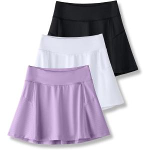 3 Pack Girls’ Athletic Skirts with Built-in Shorts and Adjustable Waist, Youth Kids Skorts Tennis Golf Running(Black/White/Lavender)